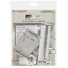 Load image into Gallery viewer, 49 And Market - Ephemera Stackers - Color Swatch: Charcoal. These ephemera stackers are an assortment of text weight papers and cardstock pieces and are ideal for layering to create multi dimensional elements on your scrapbooking layouts or in journals. Available at Embellish Away located in Bowmanville Ontario Canada.