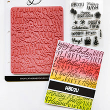 Charger l'image dans la galerie, Catherine Pooler - Background Stamp - Block & Script Birthday. This stamp mixes fonts repeating "happy birthday" and "party"- create beautiful texture on your project. Ink up the stamp in multiple colors or try white embossing and ink blending over top. Available at Embellish Away located in Bowmanville Ontario Canada. Card example by Catherine Pooler.