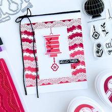 Charger l'image dans la galerie, Catherine Pooler - Background Stamp - Fan Dance. The Fan Dance Background Stamp brings the beauty and lines of decorative fans in motion to your card base. Stamp in any color you chose to create a lovely pattern to your card. Available at Embellish Away located in Bowmanville Ontario Canada. Example by brand ambassador.
