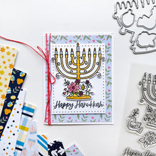Charger l'image dans la galerie, Catherine Pooler - Patterned Paper - Eight Nights. Create gorgeous Hanukkah cards and paper projects with the Eight Nights Patterned Paper. Traditional colors of Whipped Honey, Shea Butter, Sauna, Tranquil, On the Lake, Juniper Mist, Rose Petals & Sage. Available at Embellish Away located in Bowmanville Ontario Canada. Example by brand ambassador.