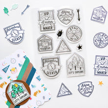 Cargar imagen en el visor de la galería, Catherine Pooler - Sentiments Stamp & Die Set - Wilderness Collector. Travel badges. Available at Embellish Away located in Bowmanville Ontario Canada. Example by brand ambassador.