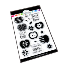 Load image into Gallery viewer, Catherine Pooler - Stamp & Die Set - Appley Ever After. An apple a day brings card making hoorays! The Appley Ever After Stamp & Die Set couldn't be any sweeter! This set features mod patterned apple stamps with all the extras! Available at Embellish Away located in Bowmanville Ontario Canada.