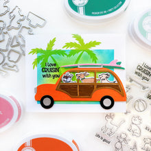 Load image into Gallery viewer, Catherine Pooler - Stamp & Die Set - Boardwalk Cruisers. These perky pal cats and dogs love some fun. This stamp set includes pets that are ready to roll on their skateboard or longboard, play in the sand or eat your dropped ice cream cone! Available at Embellish Away located in Bowmanville Ontario Canada. Card example by Catherine Pooler Designs.
