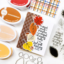 Load image into Gallery viewer, Catherine Pooler - Stamp & Die Set - Changing Leaves. Perfect mid-sized leaves for all your cards and scrapbook pages. Includes 5 solid stamp leaves with separate vein and stem stamps. Includes an acorn, gumball and chestnut to add to your fall card. Available at Embellish Away located in Bowmanville Ontario Canada. Card example by Catherine Pooler Designs.