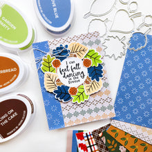 Load image into Gallery viewer, Catherine Pooler - Stamp & Die Set - Changing Leaves. Perfect mid-sized leaves for all your cards and scrapbook pages. Includes 5 solid stamp leaves with separate vein and stem stamps. Includes an acorn, gumball and chestnut to add to your fall card. Available at Embellish Away located in Bowmanville Ontario Canada. Card example by Catherine Pooler Designs.