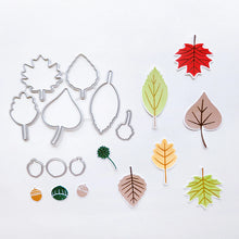 Load image into Gallery viewer, Catherine Pooler - Stamp & Die Set - Changing Leaves. Perfect mid-sized leaves for all your cards and scrapbook pages. Includes 5 solid stamp leaves with separate vein and stem stamps. Includes an acorn, gumball and chestnut to add to your fall card. Available at Embellish Away located in Bowmanville Ontario Canada.