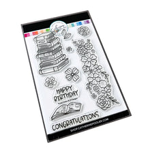 Load image into Gallery viewer, Catherine Pooler - Stamp & Die Set - Floral Fiction. The Floral Fiction Set is full of fun background and decorative elements for birthday, graduation or just because cards Pair these book and flowers with the Owls from the Who's Hoo set. Available at Embellish Away located in Bowmanville Ontario Canada.