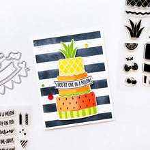 गैलरी व्यूवर में इमेज लोड करें, Catherine Pooler - Pieces & Sentiments Stamp & Die Set - Party. Add banners and sentiments to all of you cards with the Party Pieces & Sentiments Stamp Set! Pair it with the Fruitfully Frosted Stamp Set for a fun fruit cake design. Available at Embellish Away located in Bowmanville Ontario Canada Example by brand ambassador.