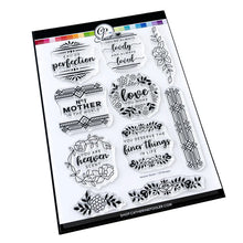 Load image into Gallery viewer, Catherine Pooler - Stamp & Die Set - Heaven Scent Label. This set has sentiments that are Heaven Scent! This 6x8 Stamp Set and coordinating dies were designed to deliver a special sentiment in a the form of an illustrated cosmetic bottle label. Available at Embellish Away located in Bowmanville Ontario Canada.