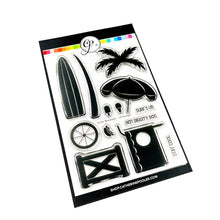 Charger l'image dans la galerie, Catherine Pooler - Stamp & Die Set - On the Boardwalk. This set is perfect for building scenes, clustering or simple cards. This set includes a palm tree, surf board, the boardwalk fence and all the bits to build your own treat cart. Available at Embellish Away located in Bowmanville Ontario Canada.