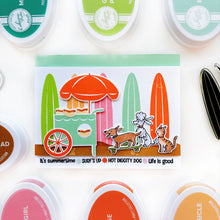 Charger l'image dans la galerie, Catherine Pooler - Stamp & Die Set - On the Boardwalk. This set is perfect for building scenes, clustering or simple cards. This set includes a palm tree, surf board, the boardwalk fence and all the bits to build your own treat cart. Available at Embellish Away located in Bowmanville Ontario Canada. Example by Catherine Pooler Designs.