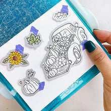 Charger l'image dans la galerie, Catherine Pooler - Stamp & Die Set - Pumpkin Pick-Up. Straight from the farm, this Set is the quintessential fall image! Color in this large line art image of a vintage truck filled to the brim with hay, sunflowers and of course- the pumpkins! Available at Embellish Away located in Bowmanville Ontario Canada. Example by brand ambassador.