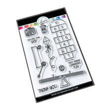 Load image into Gallery viewer, Catherine Pooler - Stamp & Die Set - Recess. It's time for everybody's favorite subject-Recess! Grab the Recess Stamp Set and coordinating dies with all the essentials of nostalgic playground games like see-saw and hop scotch. Available at Embellish Away located in Bowmanville Ontario Canada.