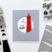 Load image into Gallery viewer, Catherine Pooler - Stamp & Die Set - Scenic Lighthouses. The Scenic Lighthouses Set has three unique, hand drawn lighthouses. The outline lighthouse image is perfect for coloring with ink pads and Blender Pens or Copic or Alcohol Markers. Available at Embellish Away located in Bowmanville Ontario Canada. Example by brand ambassador.