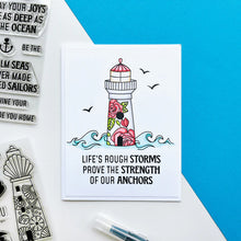 Load image into Gallery viewer, Catherine Pooler - Stamp & Die Set - Scenic Lighthouses. The Scenic Lighthouses Set has three unique, hand drawn lighthouses. The outline lighthouse image is perfect for coloring with ink pads and Blender Pens or Copic or Alcohol Markers. Available at Embellish Away located in Bowmanville Ontario Canada. Example by brand ambassador.