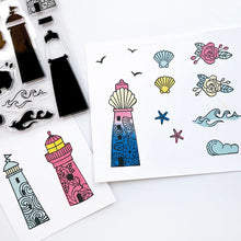 Load image into Gallery viewer, Catherine Pooler - Stamp & Die Set - Scenic Lighthouses. The Scenic Lighthouses Set has three unique, hand drawn lighthouses. The outline lighthouse image is perfect for coloring with ink pads and Blender Pens or Copic or Alcohol Markers. Available at Embellish Away located in Bowmanville Ontario Canada.