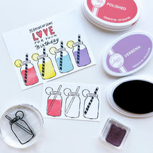 Charger l'image dans la galerie, Catherine Pooler - Stamp & Die Set - Serving LOVE. Serve up some love in the form of a cold, court-side beverage with this adorable set. The Serving LOVE Stamp Set features a classic jar style drink complete with tennis ball garnish and striped straw! Available at Embellish Away located in Bowmanville Ontario Canada. Example by Catherine Pooler Designs.