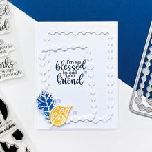 Load image into Gallery viewer, Catherine Pooler - Stamp & Die Set - Stamp-a-Side Leaves. You will certainly fall for the Stamp-a-Side Leaves Stamp & Die Set. You can stamp the whimsical patterned leaves with multiple ink colors or color the outline image with markers or blender pens. Available at Embellish Away located in Bowmanville Ontario Canada. Example by brand ambassador.
