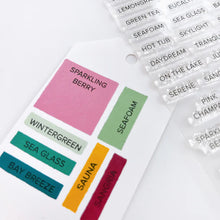 Load image into Gallery viewer, Catherine Pooler - Stamps - Spa Colors. Updated to include the new 2023 Colors! Label your swatches and get organized with the Spa Colors Stamp Set. This set includes each of the Spa Color Ink Names as an individual stamp. Available at Embellish Away located in Bowmanville Ontario Canada.