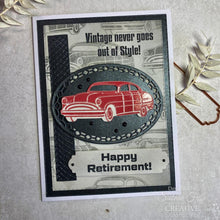 Load image into Gallery viewer, Creative Expressions - Craft Die By Sue Wilson - Vintage Cars. This Vintage Cars craft die from Sue's Dream Car collection is perfect to create cards and projects for the man in your life for all occasions. Available at Embellish Away located in Bowmanville Ontario Canada. Example by Siobhan Fyffe.