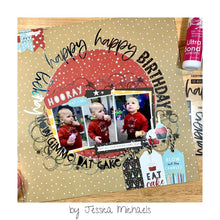 Load image into Gallery viewer, Gina K. Designs - Deco Foil Adhesive Transfer Sheets - Sentiments 1. Features bold Happy and Thanks designs, with other related words you can mix and match to create your desired message. Available at Embellish Away located in Bowmanville Ontario Canada. Example by Jessica Michaels.