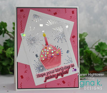 Load image into Gallery viewer, Gina K. Designs - Poly-Glaze Foiling Sheets - Birthday Sprinkles. Includes 10 sheets – 4 1/4” X 5 1/2”. At Embellish Away in Bowmanville Ontario Canada Example by Karen Hightower.