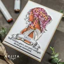 Cargar imagen en el visor de la galería, Gina K. Designs - Stamp & Die Set - What's Your Sign?- Virgo. Set by Arjita Singh. At Embellish Away in Bowmanville Ontario Canada. Example by Arjita Singh.