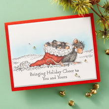 Load image into Gallery viewer, House Mouse - Cling Rubber Stamp - Christmas Friends. Christmas Friends Cling Rubber Stamp is part of the House-Mouse Holiday Friends Collection. Monica scooped up her little friends for a ride in Santas Hat! Where are they going? Available at Embellish Away located in Bowmanville Ontario Canada. Example by brand ambassador
