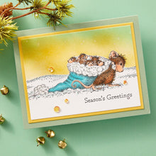 Load image into Gallery viewer, House Mouse - Cling Rubber Stamp - Christmas Friends. Christmas Friends Cling Rubber Stamp is part of the House-Mouse Holiday Friends Collection. Monica scooped up her little friends for a ride in Santas Hat! Where are they going? Available at Embellish Away located in Bowmanville Ontario Canada. Example by brand ambassador.