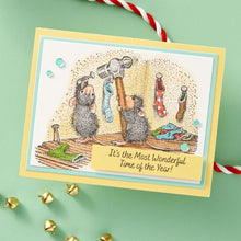 Load image into Gallery viewer, House Mouse - Cling Rubber Stamp - Merry Little Christmas. Merry Little Christmas Cling Rubber Stamp is part of the House-Mouse Holiday Friends Collection. Mudpie and Amanda are getting ready for Santas arrival by hanging stocks! Available at Embellish Away located in Bowmanville Ontario Canada. Example by brand ambassador.