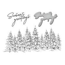 Load image into Gallery viewer, Spellbinders - BetterPress Letterpress Press Plates & Die Set - Seasons Greetings Evergreens. A set of two press plates and one thin metal cutting die. The largest press plate is a line of beautiful evergreen trees which makes a beautiful border. Available at Embellish Away located in Bowmanville Ontario Canada.