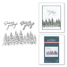 Load image into Gallery viewer, Spellbinders - BetterPress Letterpress Press Plates & Die Set - Seasons Greetings Evergreens. A set of two press plates and one thin metal cutting die. The largest press plate is a line of beautiful evergreen trees which makes a beautiful border. Available at Embellish Away located in Bowmanville Ontario Canada.