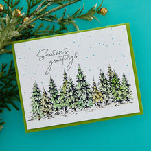 Load image into Gallery viewer, Spellbinders - BetterPress Letterpress Press Plates & Die Set - Seasons Greetings Evergreens. A set of two press plates and one thin metal cutting die. The largest press plate is a line of beautiful evergreen trees which makes a beautiful border. Available at Embellish Away located in Bowmanville Ontario Canada. Example by brand ambassador.