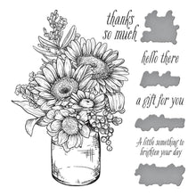 Load image into Gallery viewer, Spellbinders - BetterPress Plate & Die Set - Sunflower Bouquet Press. Sunflower Bouquet Press Plate & Die Set is part of the Sentiments for All Seasons Collection and comes with a lovely sunflower bouquet in a container press plate. Available at Embellish Away located in Bowmanville Ontario Canada.