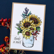 Load image into Gallery viewer, Spellbinders - BetterPress Plate & Die Set - Sunflower Bouquet Press. Sunflower Bouquet Press Plate & Die Set is part of the Sentiments for All Seasons Collection and comes with a lovely sunflower bouquet in a container press plate. Available at Embellish Away located in Bowmanville Ontario Canada. Example by brand ambassador.