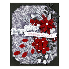 Load image into Gallery viewer, Spellbinders - BetterPress Press Plate & Die Set - Sending Joy Sentiments. Sending Joy Sentiments Press Plate & Die Set is from the Home for the Holidays Collection. This time saver is a set of one press plate and matching thin metal cutting die. Available at Embellish Away located in Bowmanville Ontario Canada. Example by brand ambassador.