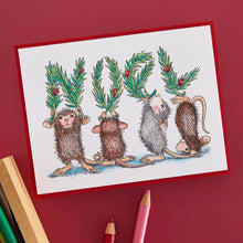 Cargar imagen en el visor de la galería, Spellbinders - House Mouse - Cling Rubber Stamp - Noel. Noel Cling Rubber Stamp Set is part of the from House-Mouse Designs Holiday Collection with a set of two stamps. This line up of playful mice spells out a leafy NOEL accented with holiday berries. Available at Embellish Away located in Bowmanville Ontario Canada. Example by brand ambassador.