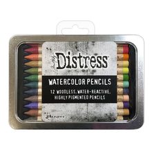 Load image into Gallery viewer, Tim Holtz - Distress Watercolor Pencils 12/Pkg Set 4. These are woodless watercolor pencils formulated to achieve vibrant coloring effects on porous surfaces. Water-reactive pigments are ideal for water coloring, shading, sketching, etc. Available at Embellish Away located in Bowmanville Ontario Canada.