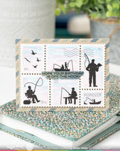 Load image into Gallery viewer, Waffle Flower - Stamps - Postage Collage Fishing Silhouettes. Available at Embellish Away in Bowmanville Ontario Canada. Example by Nina Yang.