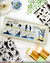 Load image into Gallery viewer, Waffle Flower - Stencil - Postage Collage Slimline - Airmail. Available at Embellish Away in Bowmanville Ontario Canada. Example by Marge Y. for Waffle Flower.