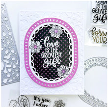 Load image into Gallery viewer, Catherine Pooler - Dies - Fancy Loop. The Fancy Loop Die is a beautiful scalloped frame die. This straight sided oval or "loop" die is a great shape for a standard A2 card front as a feature frame or popped up element. Available at Embellish Away located in Bowmanville Ontario Canada. Example by brand ambassador.
