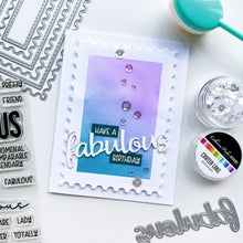 Load image into Gallery viewer, Catherine Pooler - Word Die - Fabulous. Make every paper project fabulous with the Fabulous Word Die. This scripted word die is a sassy, modern font. Use it alone as a fun statement on your card or pair it with the Just Plain Fabulous Sentiments Stamp Set for more sentiment options! The Fabulous Word Die measures approx. 3 1/2" x 1 1/4". Available at Embellish Away located in Bowmanville Ontario Canada. Card by Ambassador.