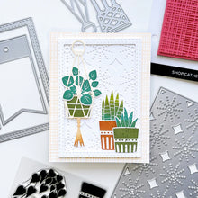 Load image into Gallery viewer, Catherine Pooler - Dies - Wicker & Weave. The trend is hanging on...macrame and rattan are back! And what better way to showcase the plants in our Green Thumb Stamp Set than with this set of fun plant stand dies. Available at Embellish Away located in Bowmanville Ontario Canada. Card example by brand ambassador.