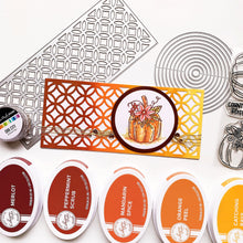 Cargar imagen en el visor de la galería, Catherine Pooler - Slimline Die - Sitting Pretty. Like a beautiful woven cane patterned porch seat, the Sitting Pretty Slimline Die will add a textural element of pretty to your next card. This slimline die is formatted to 8.5" x 3.5" base slimline card but can also be added to a traditional card as a background element or even used as a stencil. Available at Embellish Away located in Bowmanville Ontario Canada. Example by Catherine Pooler.