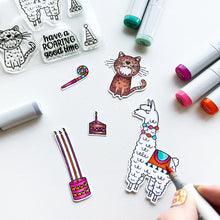 गैलरी व्यूवर में इमेज लोड करें, Catherine Pooler - Stamp & Die Set - Birthday Fiesta. Feliz Cumpleaños! It's a Birthday Fiesta and the llama and Jaguar are ready to party! These Peruvian friends can blow out the candles and chop down on some cake. Available at Embellish Away located in Bowmanville Ontario Canada.
