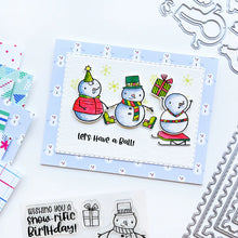 Charger l'image dans la galerie, Catherine Pooler - Stamp and Die Set - Snow-rific Party. This stamp and die set is has all the things needed for a winter time party! Each snowman is dressed up for fun and ready to adorn your cards and projects with gifts, cake, balloons and even a sled Available at Embellish Away located in Bowmanville Ontario Canada Card design by brand ambassador.