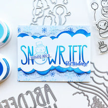 Charger l'image dans la galerie, Catherine Pooler - Stamp and Die Set - Snow-rific Party. This stamp and die set is has all the things needed for a winter time party! Each snowman is dressed up for fun and ready to adorn your cards and projects with gifts, cake, balloons and even a sled Available at Embellish Away located in Bowmanville Ontario Canada Card design by brand ambassador.