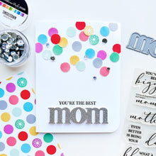 Load image into Gallery viewer, Catherine Pooler - Word Die - Just Mom. Send a card to your favorite mom! The Just Mom Word Die is a simple block font "mom" that will be a cute addition to any card for mother's day or any day celebrating your best lady! Take the "m" and cut one hump off to create "mum"! The Mom Word Die measures approx. 3" x 1". Illustrated by Lisa Kirkbride. Available at Embellish Away located in Bowmanville Ontario Canada. Card by brand ambassador.