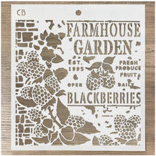 Load image into Gallery viewer, Ciao Bella - Texture Stencil 8x8 - Farmhouse Garden. Stencil Art line is designed to add layering textures and designs to your projects. This mask has images of blackberries and text. Perfect for paper crafting, scrapbooking and mixed media projects. Available at Embellish Away located in Bowmanville Ontario Canada.