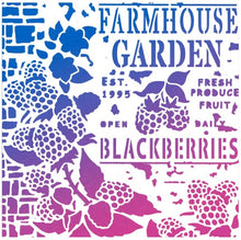 Load image into Gallery viewer, Ciao Bella - Texture Stencil 8x8 - Farmhouse Garden. Stencil Art line is designed to add layering textures and designs to your projects. This mask has images of blackberries and text. Perfect for paper crafting, scrapbooking and mixed media projects. Available at Embellish Away located in Bowmanville Ontario Canada.